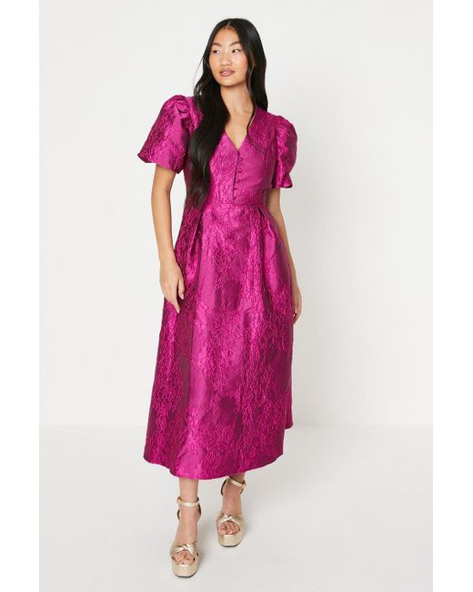 Oasis Pink Petite Jacquard Puff Sleeve Button Detail Midi Dress