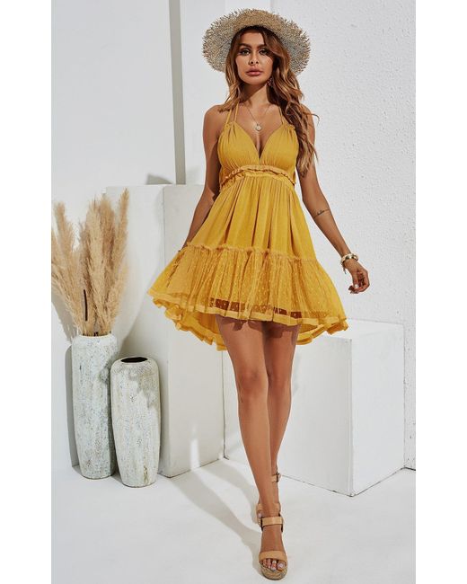 FS Collection Lace Hem Summer Tiered Dress In Mustard Yellow