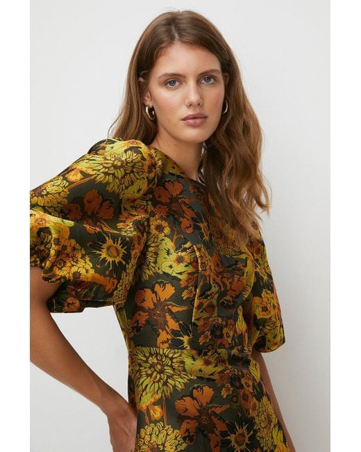 Oasis Yellow Floral Jacquard Puff Sleeve Skater Dress