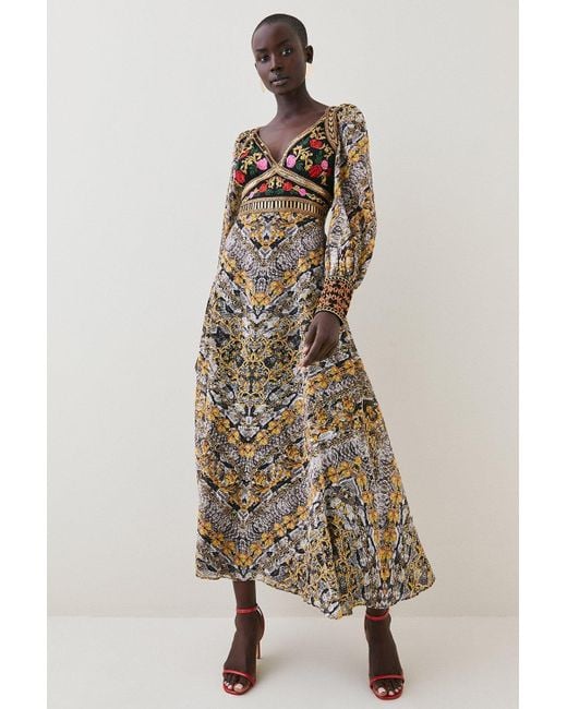 Karen Millen Natural Baroque Embroidered And Bead Woven Midi Dress
