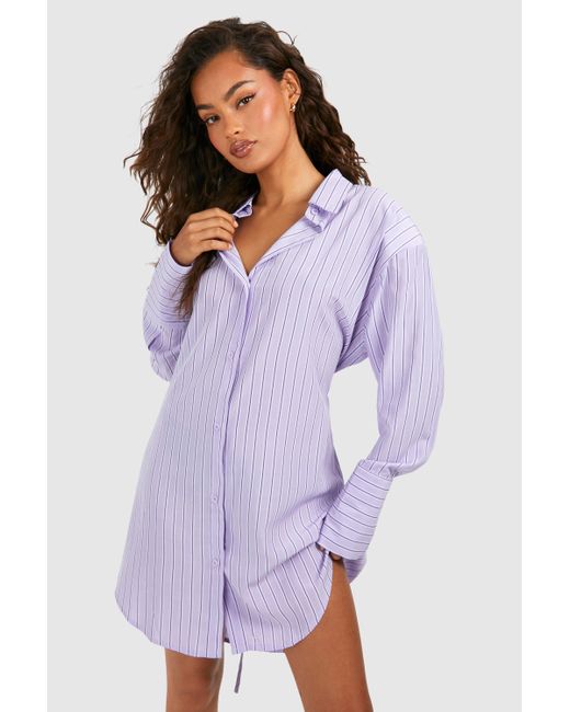 Boohoo Purple Stripe Cinched Waist Shoulder Pad Shirt Dress