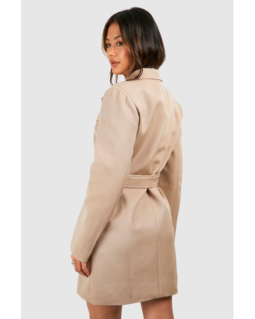Boohoo Natural Double Breasted Cinched Waist Blazer Dress