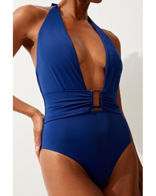 Karen Millen Blue Trim Detail Plunge Swimsuit