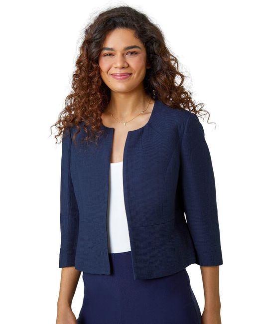 Roman Blue Pleated Textured Cropped Jacket