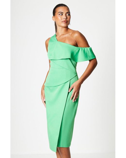 Coast Green Crepe Fallen Shoulder Fold Layer Dress