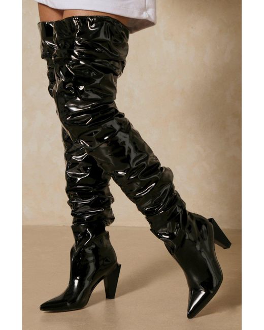 MissPap Black Patent Thigh High Heeled Boot