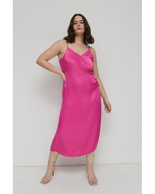 Warehouse Pink Plus Size Satin Wrap Ruched Slip Midi Dress