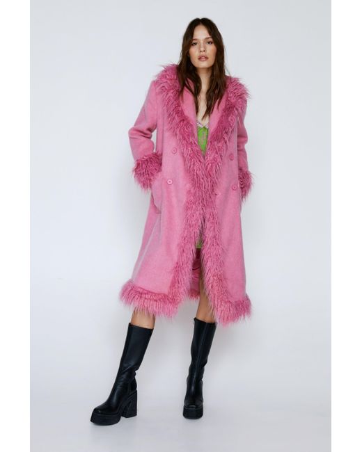 Nasty Gal Pink Premium Faux Fur Trim Wool Coat