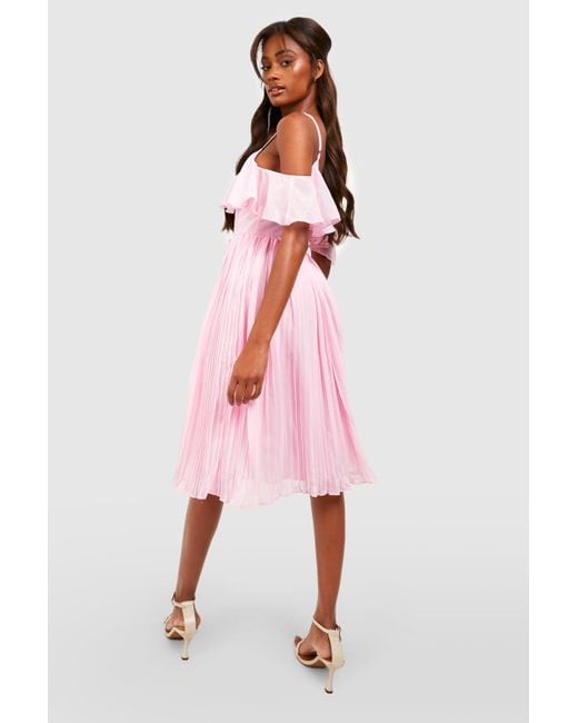 Boohoo Pink Cold Shoulder Ruffle Midi Bridesmaid Dress