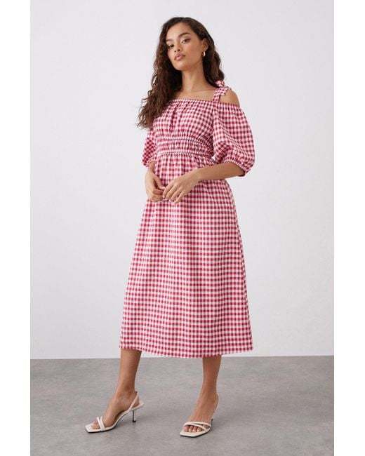 Dorothy Perkins Pink Petite Red Ginham Tie Shoulder Midi Dress