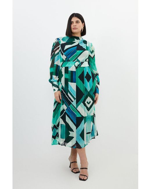 Karen Millen Blue Plus Size Geo Print Georgette Woven Long Sleeve Maxi Dress
