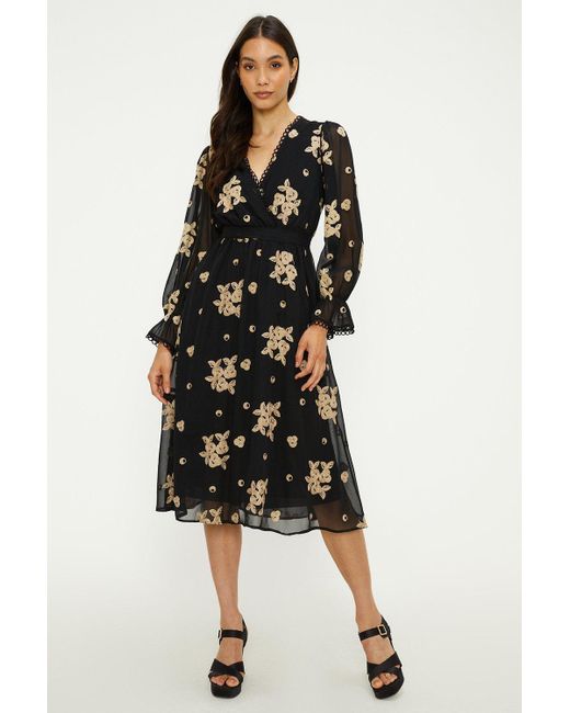 Oasis Black Floral Embroidered Trim Belted Midi Dress