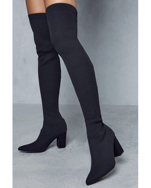 MissPap Blue Over The Knee Stretch Heeled Boots