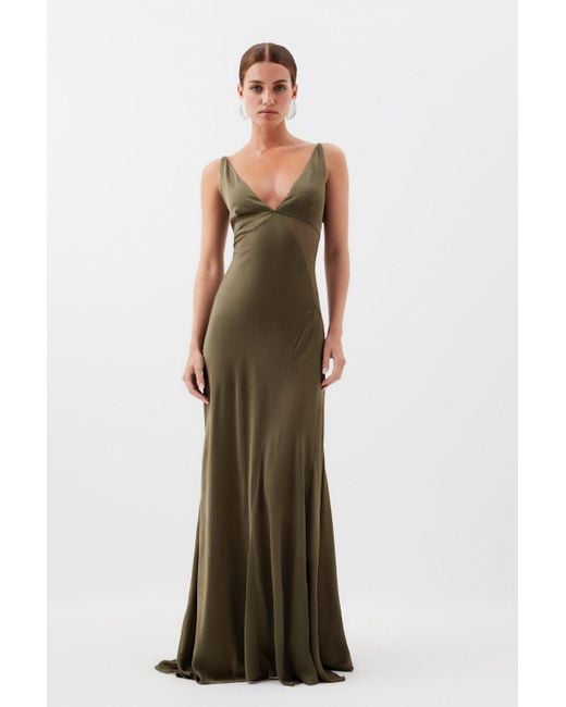 Karen Millen Green Petite Sheer Panelled Satin Woven Maxi Dress