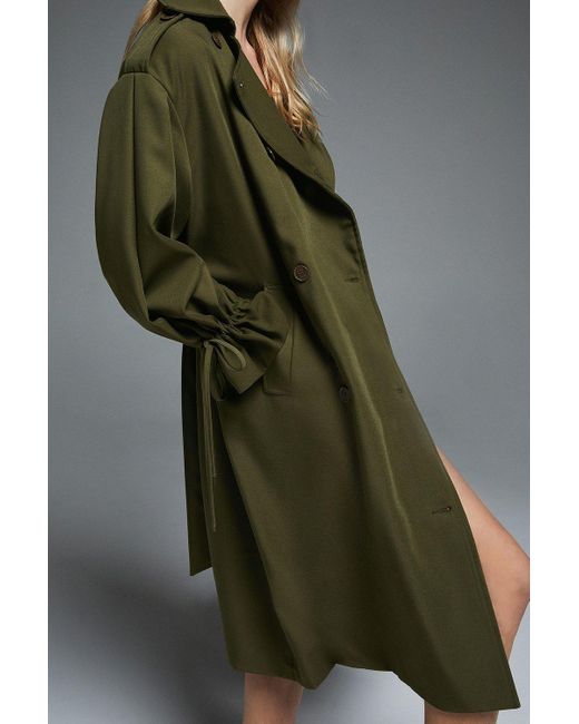 Warehouse Gray Trench Coat With Gathered Cuff Detail