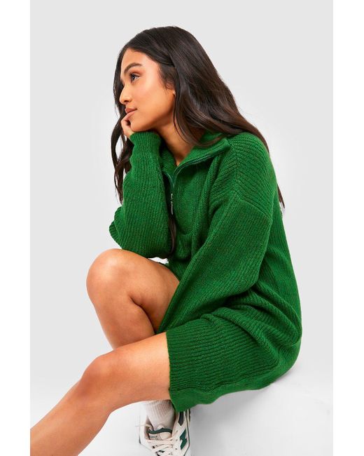 Boohoo Green Petite Soft Knit Zip Polo Sweater Dress