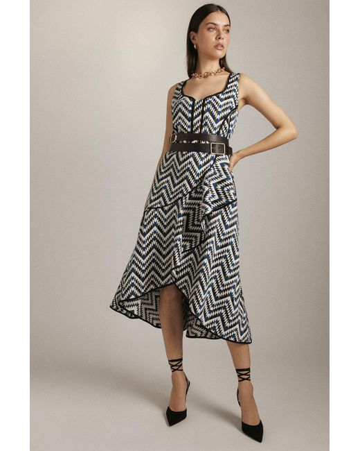 Karen Millen Blue Geo Jacquard Wrap Belted Woven Maxi Dress