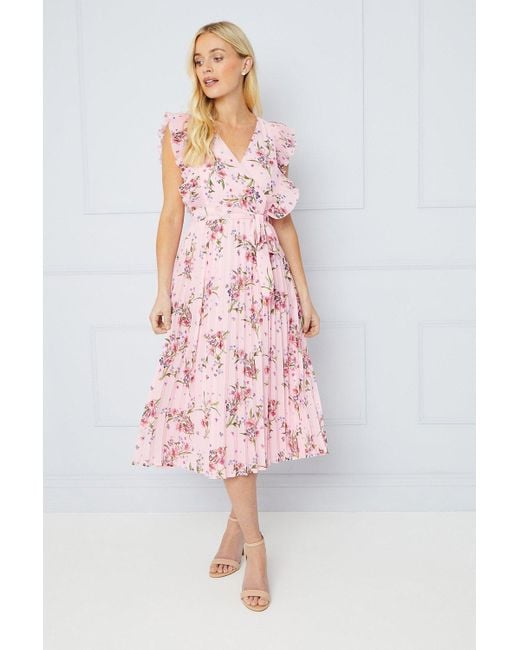 Wallis Pink Petite Occasion Floral Pleated Midi Dress