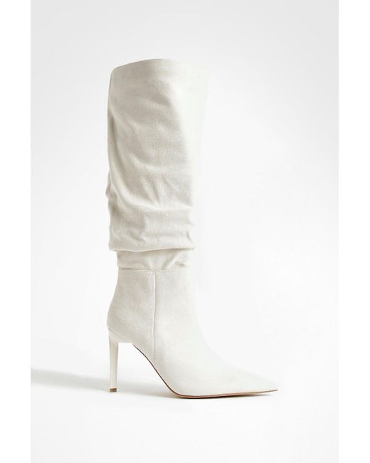 Boohoo White Ruched Stiletto Pointed Toe Boots