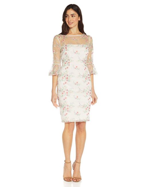 Adrianna Papell White Embroidered Bell Sleeve Sheath Dress