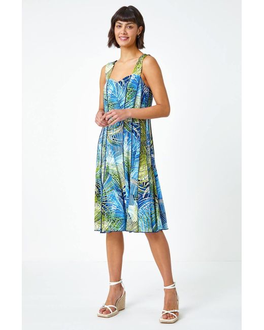 Roman Blue Tropical Palm Print Stretch Panel Dress