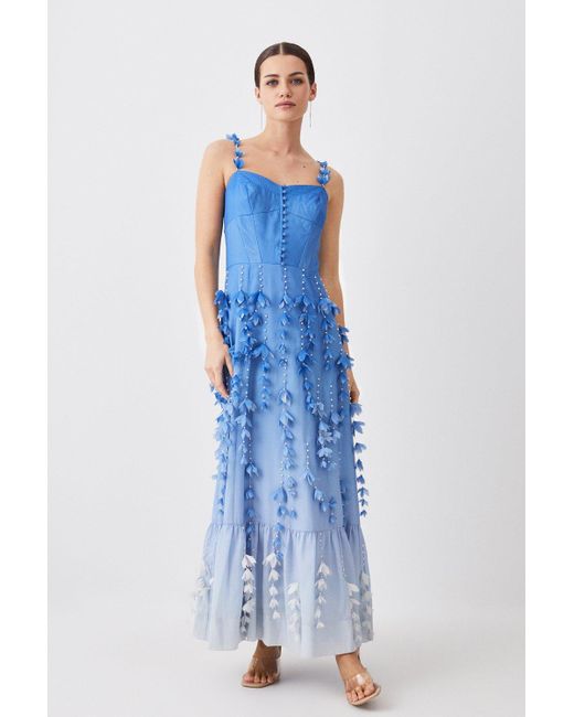 Karen Millen Blue Cotton Applique Detail Woven Midi Dress
