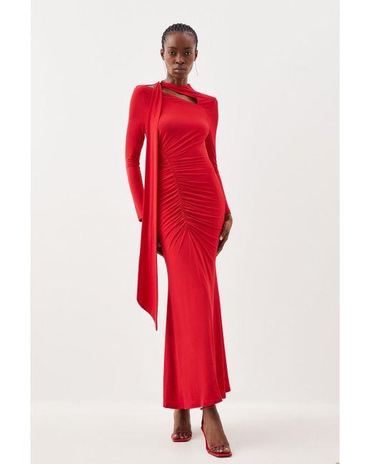 Karen Millen Red Jersey Crepe Ruched Tie Long Sleeve Maxi Dress
