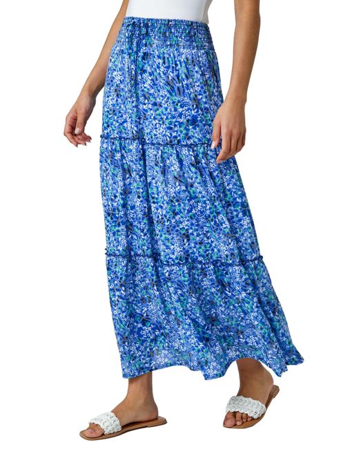 Roman Blue Ditsy Floral Print Tiered Maxi Skirt