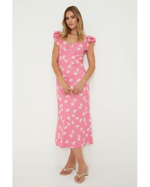 Dorothy Perkins Pink Floral Sweetheart Ruffle Sleeve Midi Dress