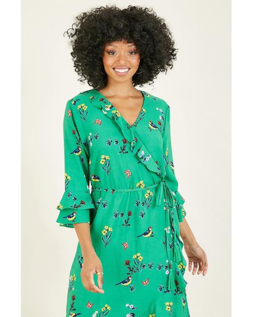Yumi' Green 'safiya' Bird Print Wrap Dress