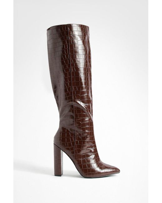 Boohoo Brown Wide Fit Pointed Toe Croc Knee High Boot