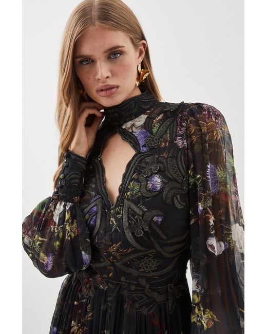 Karen Millen Black Floral Applique Lace Pleated Woven Maxi Dress