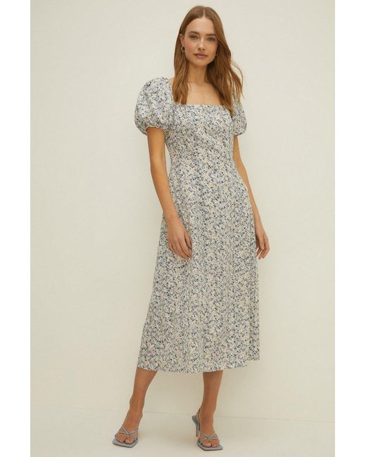 Oasis Natural Ditsy Printed Blue Broderie Midi Dress