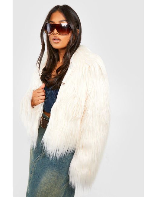 Boohoo White Petite Long Shaggy Faux Fur Crop Jacket