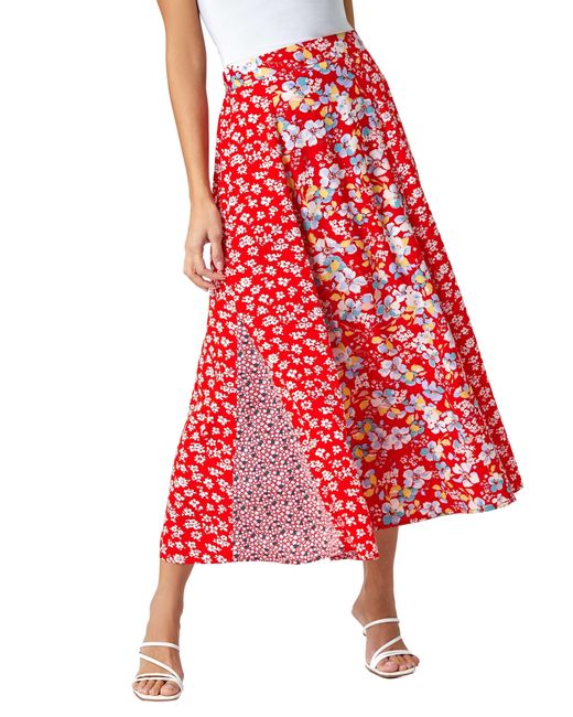 Roman Red Ditsy Floral Print Midi Skirt