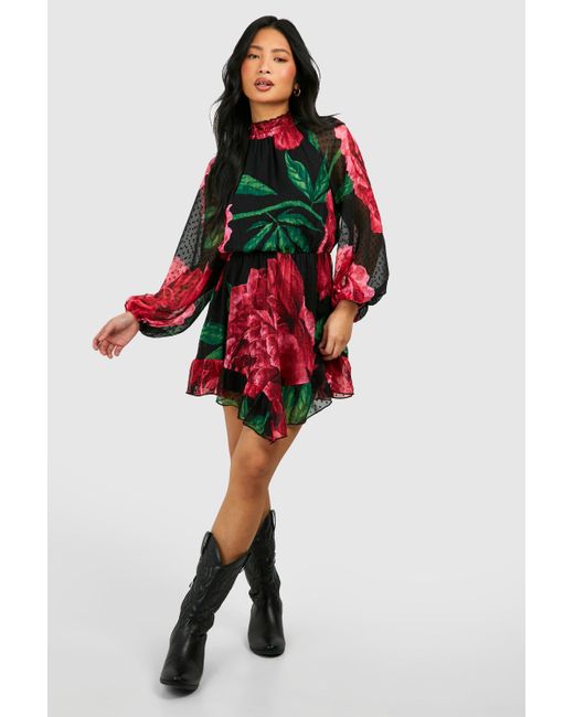 Boohoo Red Petite Floral Dobby High Neck Smock Dress