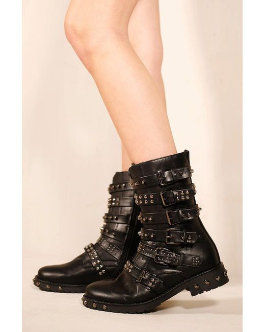 Where's That From Black 'lili' Studded Ankle Boot With Silver Studded Buckle And Side Zip-up