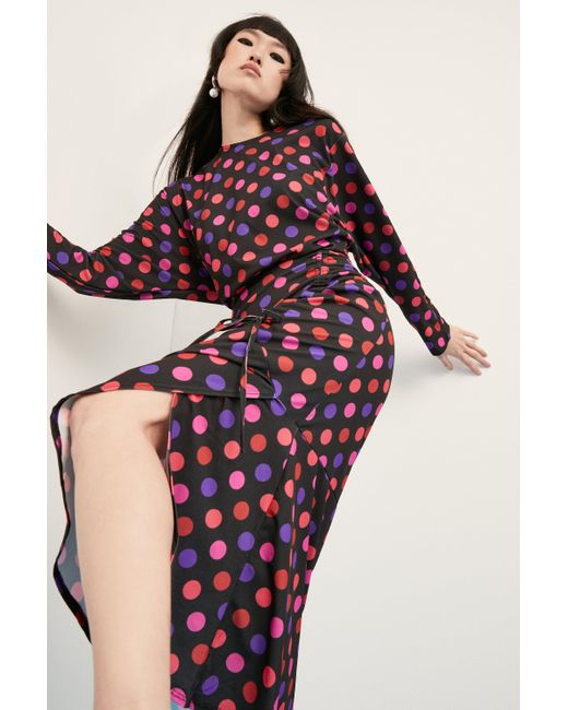 Warehouse Red Spot Print Jersey Ruched Front Midi Dress