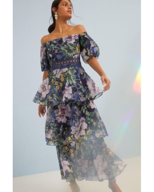 Oasis Blue Lyanna Floral Tiered Organza Bardot Midi Dress