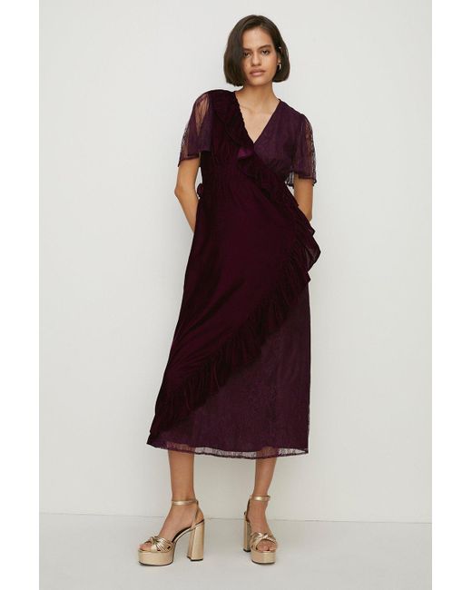 Oasis Multicolor Petite Lace Mix Velvet Wrap Midi Dress