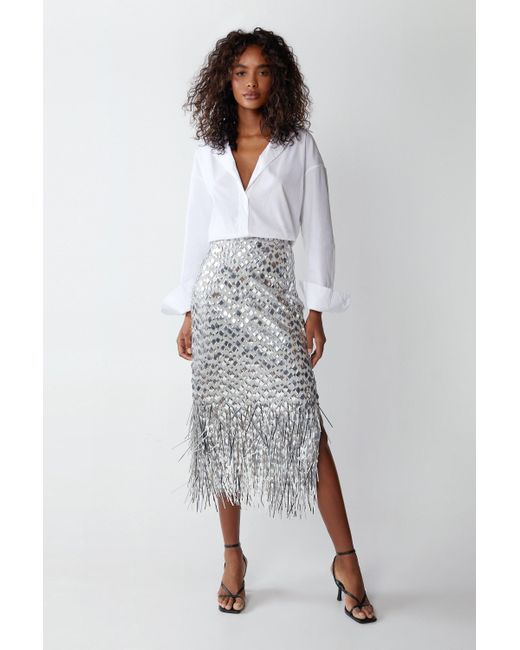 Warehouse Metallic Diamond Sequin Midi Skirt