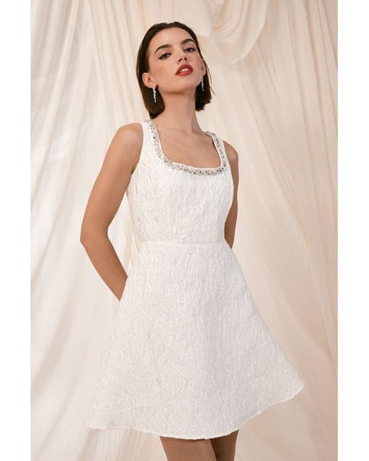 Coast White Jacquard Full Skirted Mini Dress With Jewel Trim