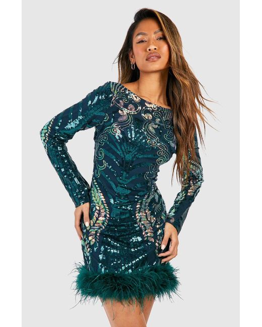 Boohoo Blue Damask Sequin Feather Hem Mini Dress