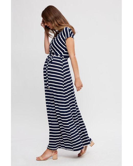 Dorothy Perkins Blue Maternity Navy Stripe Roll Sleeve Maxi Dress