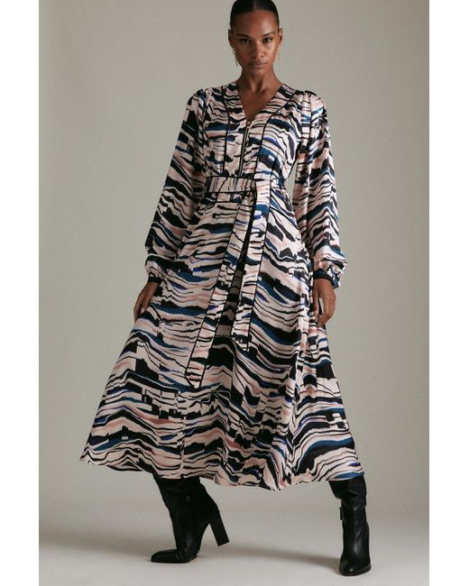 Karen Millen Black Textured Stripe Satin Piped Woven Midi Dress