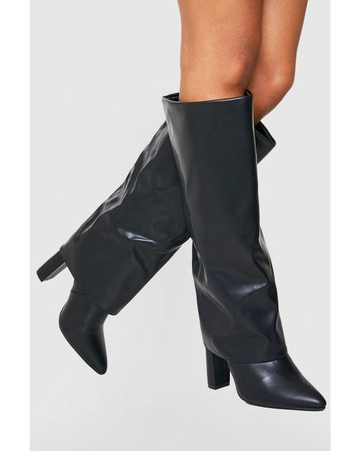 Boohoo Black Wide Width Pointed Knee High Fold Over Boots