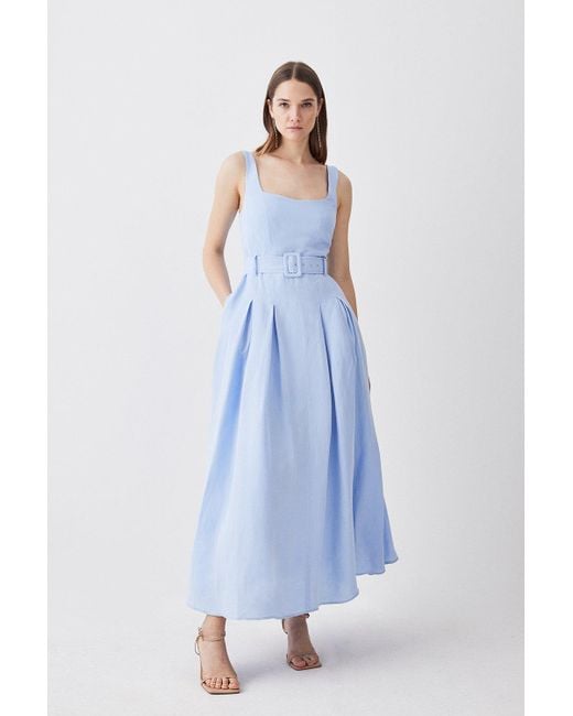 Karen Millen Blue Petite Linen Seamed Detail Full Skirted Midi Dress