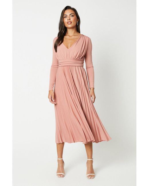 Coast Pink Pleated Skirt V Neck Dress