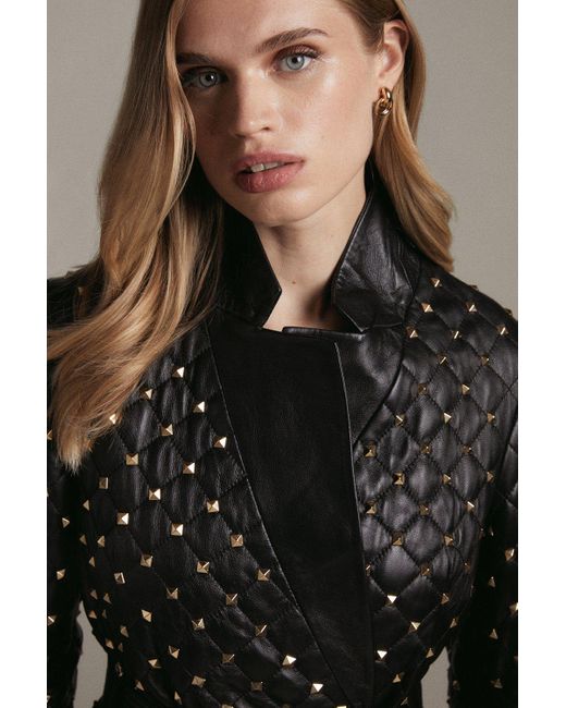 Karen Millen Black Leather Quilted And Studded Notch Neck Coat