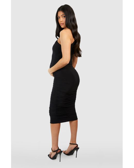 Boohoo Black Maternity Slinky One Shoulder Ruched Midi Dress